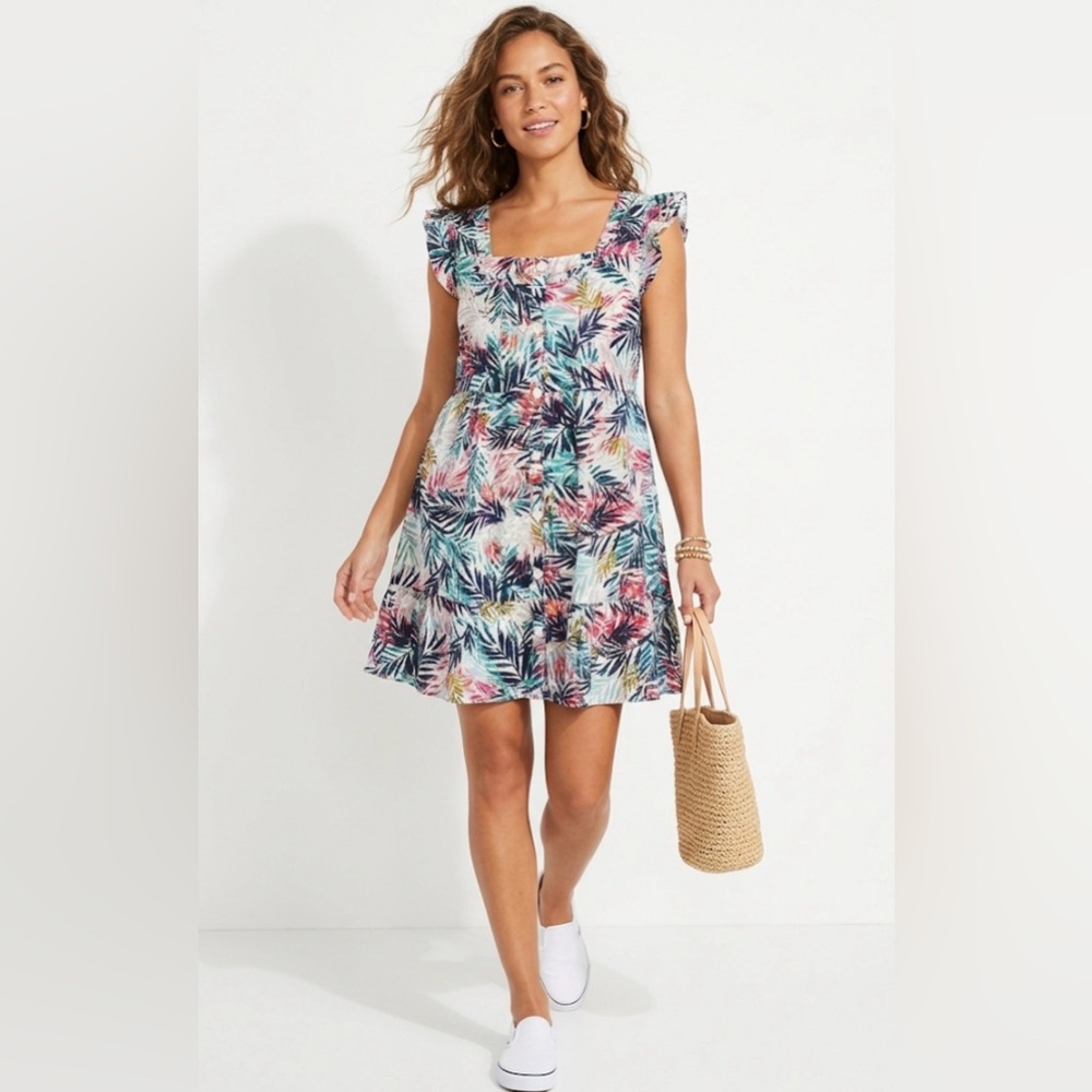 Beachlunchlounge Tropical Palm Leaf Button Front Ruffle Tiered Mini Dress XL